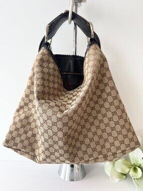 Authentic Vintage Gucci Horsebit GG Canvas Large Hobo Bag